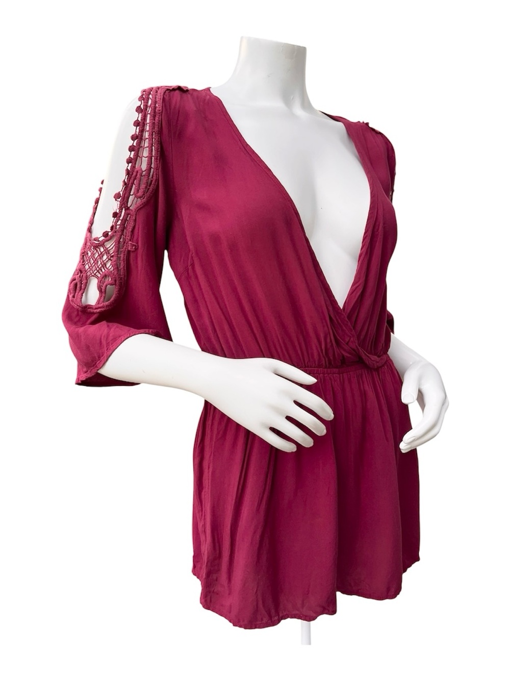 Charlotte Russe Shorts Romper Burgundy V Neck Size M Crochet Cut Outs